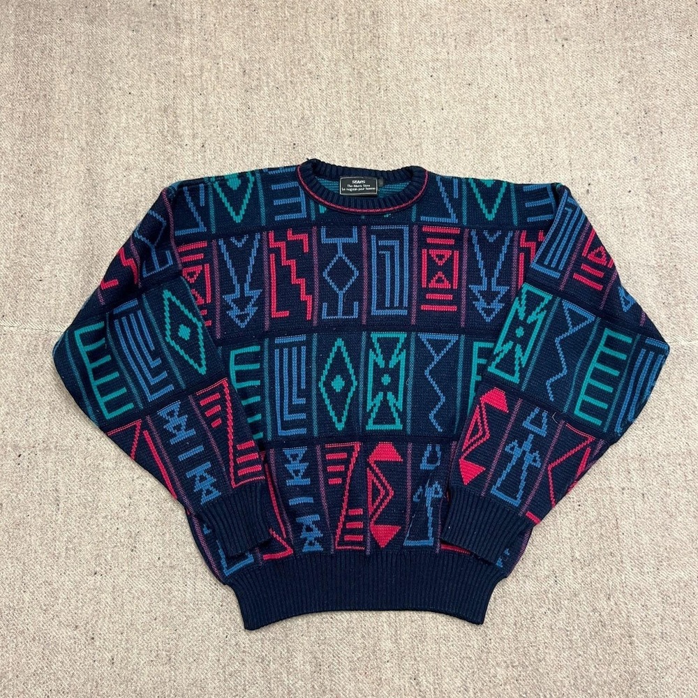 Vintage Sears Sweater Mens Large Blue 1980s Argyle Aztec